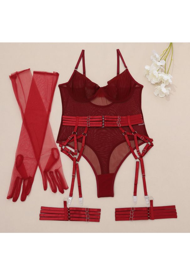 Intica - Body z pasem do pończoch z regulowanymi paskami bielizna damska Naydenka. Kolor: czerwony. Materiał: materiał. Wzór: paski