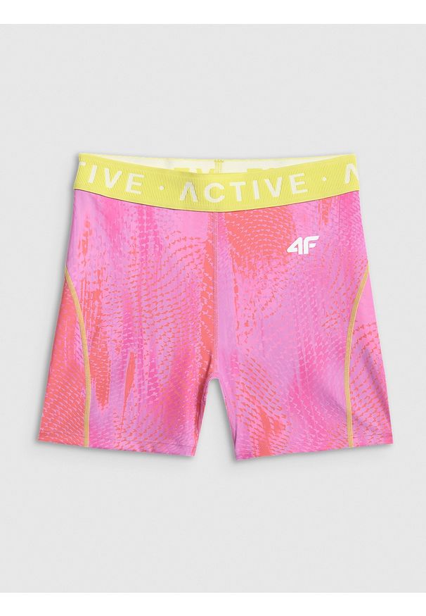 4f - 4F Legginsy krótkie treningowe damskie - koralowe M. Stan: podwyższony. Kolor: pomarańczowy. Materiał: materiał, skóra. Długość: krótkie. Sport: fitness