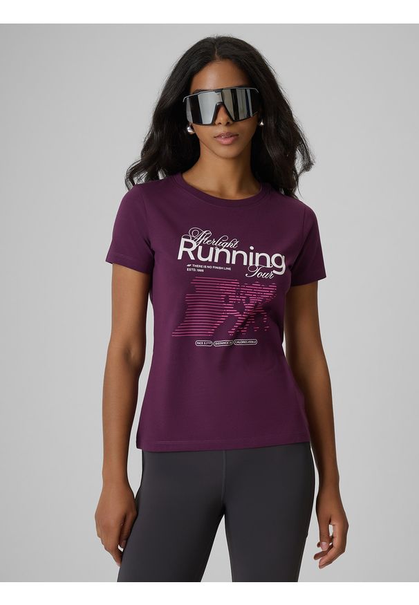 4f - 4F T-shirt slim z nadrukiem damski - fioletowy XS. Okazja: na co dzień. Kolor: fioletowy. Materiał: dzianina, materiał, bawełna, jeans. Wzór: nadruk. Styl: casual, klasyczny