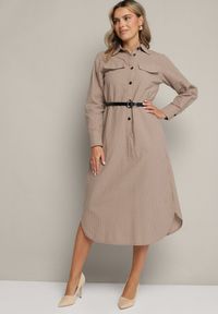 Born2be - Ciemnobeżowa Koszulowa Sukienka na Guziki z Paskiem i Imitacją Kieszeni Tintarra. Kolor: beżowy. Typ sukienki: koszulowe. Styl: elegancki, sportowy, klasyczny #1