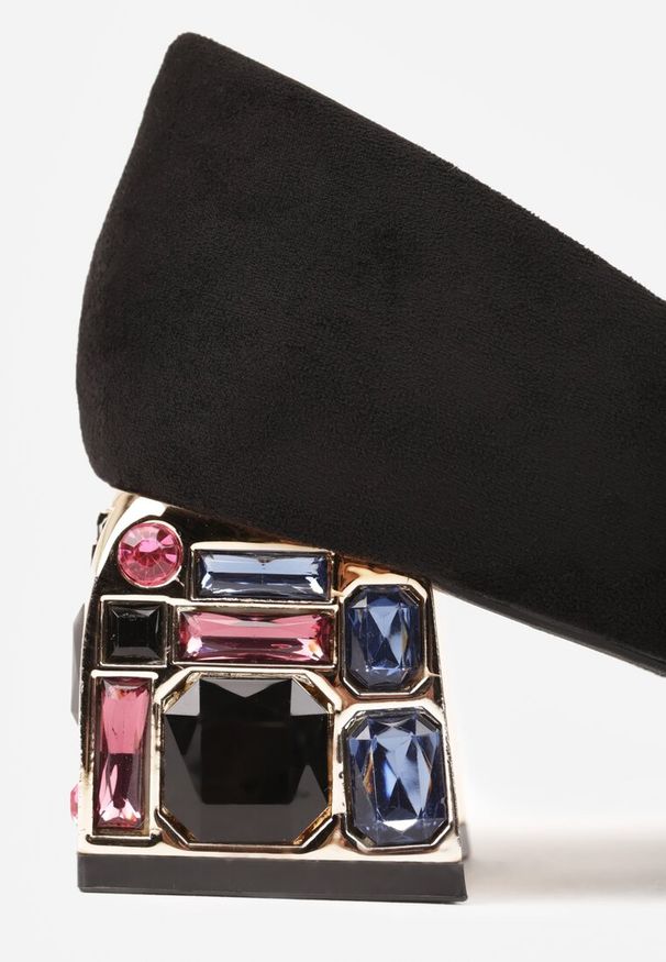 Renee - Czarne Czółenka na Słupku Ozdobionym Cyrkoniami z Wkładką ze Skóry Clesina. Okazja: na co dzień. Kolor: czarny. Materiał: skóra. Wzór: aplikacja. Obcas: na słupku. Styl: casual, elegancki, wizytowy. Wysokość obcasa: średni