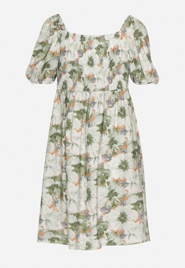 Born2be - Zielona Sukienka z Bufiastymi Rękawami i Wiązaniem przy Dekolcie z Gumką na Plecach Vikninna. Okazja: na co dzień, na randkę. Kolor: zielony. Materiał: jeans. Wzór: aplikacja, kwiaty. Sezon: lato. Styl: casual