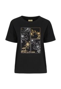 Ochnik - Czarny bawełniany T-shirt damski z aplikacją. Kolor: czarny. Materiał: bawełna. Wzór: aplikacja