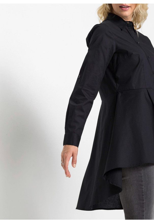 bonprix - Długa bluzka z falbaną. Typ kołnierza: kołnierzyk koszulowy. Kolor: czarny. Długość: długie