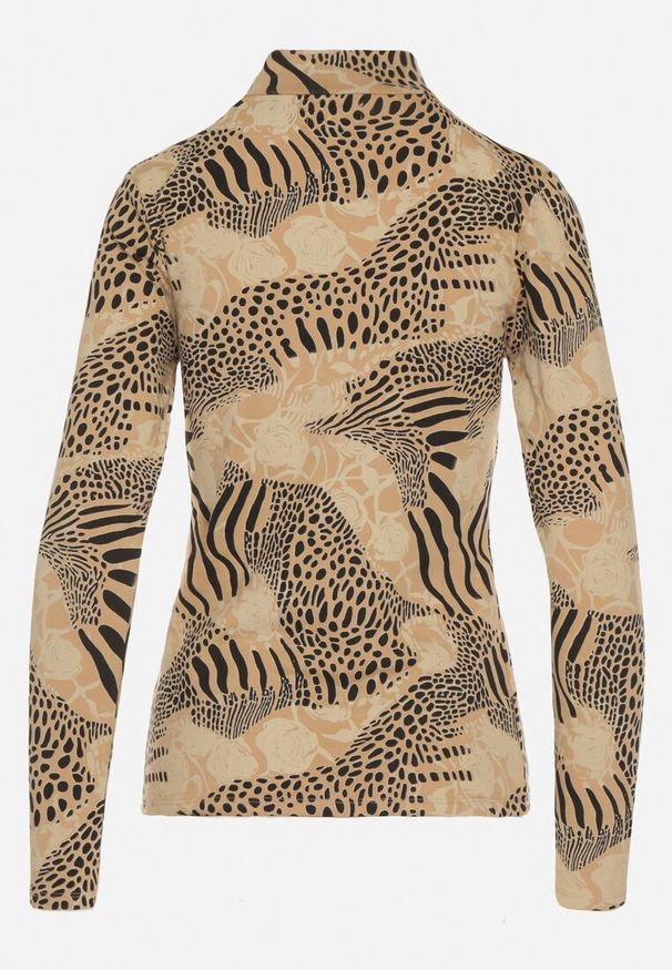 Born2be - Beżowo-Czarna Bawełniana Bluzka w Panterkę z Półgolfem i Długim Rękawem Unilae. Okazja: na co dzień. Kolor: beżowy. Materiał: bawełna. Długość rękawa: długi rękaw. Długość: długie. Wzór: motyw zwierzęcy. Styl: casual