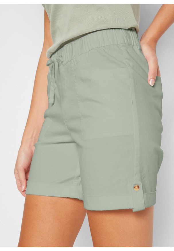 bonprix - Bermudy bawełniane z gumką w talii. Kolor: zielony. Materiał: bawełna