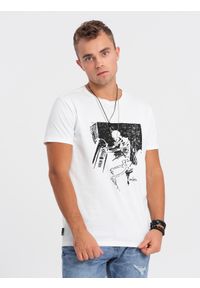 Ombre Clothing - Koszulka męska bawełniana z nadrukiem - biała V1 OM-TSPT-0159 - XXL. Kolor: biały. Materiał: bawełna. Długość rękawa: krótki rękaw. Długość: krótkie. Wzór: nadruk #3