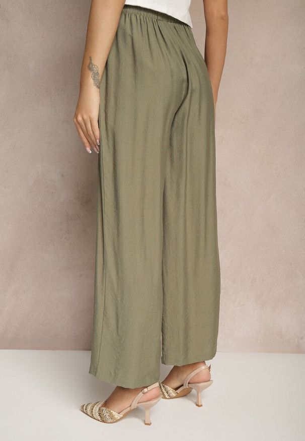 Renee - Zielone Spodnie o Szerokim Kroju High Waist z Wiązaniem Fenalin. Okazja: na spacer, na co dzień, na imprezę. Stan: podwyższony. Kolor: zielony. Styl: casual, elegancki