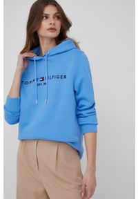 TOMMY HILFIGER - Tommy Hilfiger Bluza damska z kapturem z aplikacją. Okazja: na co dzień. Typ kołnierza: kaptur. Kolor: niebieski. Wzór: aplikacja. Styl: casual #2