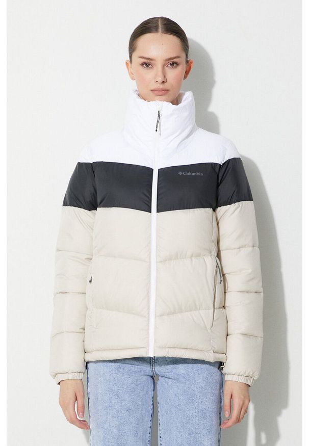 columbia - Columbia kurtka Puffect Color Block Jkt damska kolor beżowy zimowa 1955101. Kolor: beżowy. Materiał: tkanina, syntetyk, materiał, puch. Wzór: ze splotem. Sezon: zima