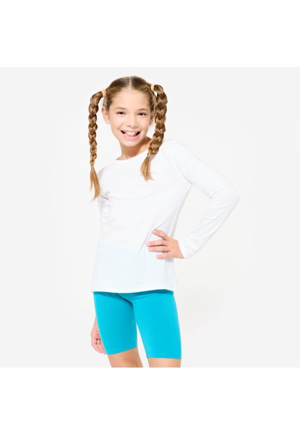DOMYOS - Koszulka z długim rękawem dziecięca Domyos Basic. Kolor: biały. Materiał: bawełna, materiał. Długość rękawa: długi rękaw. Długość: długie. Sport: joga i pilates