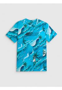 4f - 4F T-shirt regular z nadrukiem męski - niebieski L. Okazja: na co dzień. Kolor: niebieski. Materiał: materiał, bawełna, dzianina. Wzór: nadruk. Styl: klasyczny, casual #1