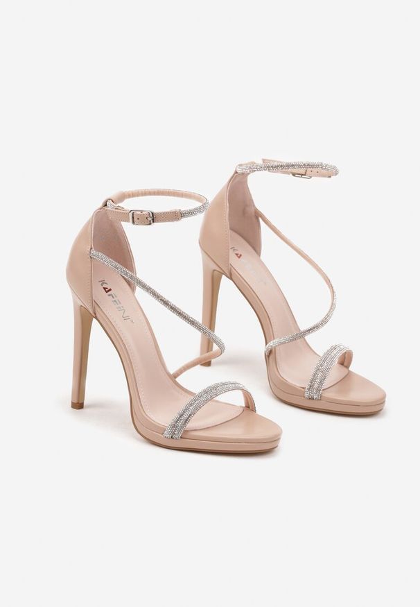 Renee - Beżowe Eleganckie Szpilki Sandały Zdobione Cyrkoniami Ninitila. Zapięcie: pasek. Kolor: beżowy. Materiał: jeans. Wzór: aplikacja. Obcas: na szpilce. Styl: elegancki