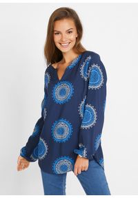 bonprix - Bluzka tunikowa z miękkiej wiskozy. Kolor: niebieski. Materiał: materiał, wiskoza. Wzór: nadruk