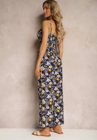Renee - Granatowy Komplet z Bawełny Marszczony Top na Ramiączkach Szerokie Spodnie z Gumką w Talii Elary. Kolor: niebieski. Materiał: bawełna #4
