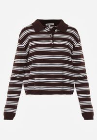 Renee - Brązowy Pasiasty Sweter z Kołnierzem i Guzikami Marlea. Okazja: na randkę. Kolor: brązowy. Materiał: wiskoza, skóra, jeans. Styl: elegancki, klasyczny #7