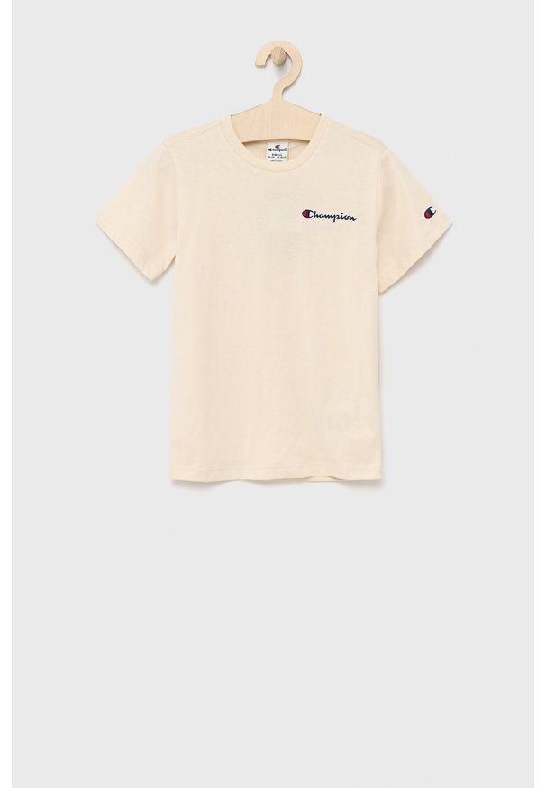 Champion t-shirt bawełniany dziecięcy kolor beżowy z aplikacją. Okazja: na co dzień. Kolor: beżowy. Materiał: bawełna. Wzór: aplikacja. Styl: casual