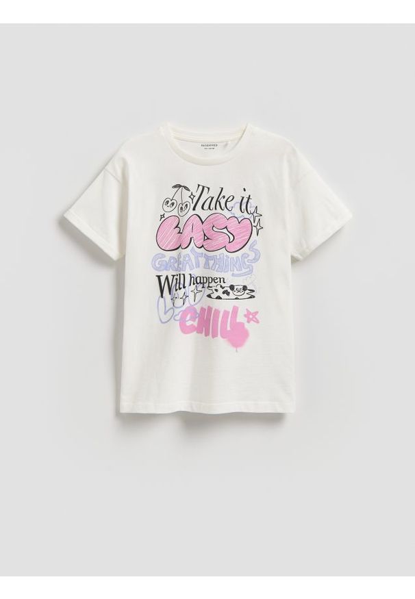Reserved - T-shirt z nadrukiem - złamana biel. Materiał: bawełna. Wzór: nadruk