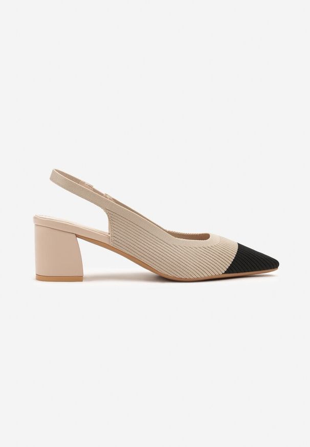 Renee - Beżowe Sandały na Słupku Typu Slingback z Kontrastowym Noskiem Udivira. Okazja: na co dzień, na spacer. Kolor: beżowy. Materiał: jeans. Obcas: na słupku. Styl: elegancki, casual