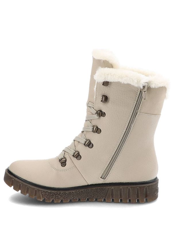 Beżowe Botki Rieker Ocieplane Buty Damskie. Kolor: beżowy. Materiał: syntetyk, skóra ekologiczna, futro. Szerokość cholewki: normalna. Obcas: na platformie