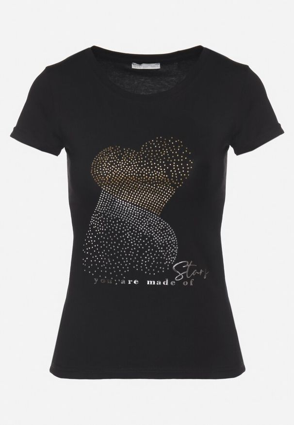 Born2be - Czarny Bawełniany T-shirt Ozdobiony Cyrkoniami i Napisem Divera. Okazja: na co dzień. Kolor: czarny. Materiał: bawełna. Wzór: aplikacja, napisy. Styl: klasyczny, casual