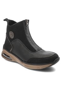 Czarne Botki Rieker Modne Obuwie Damskie. Okazja: na co dzień, na spacer. Zapięcie: zamek. Kolor: czarny. Materiał: materiał. Styl: casual, sportowy