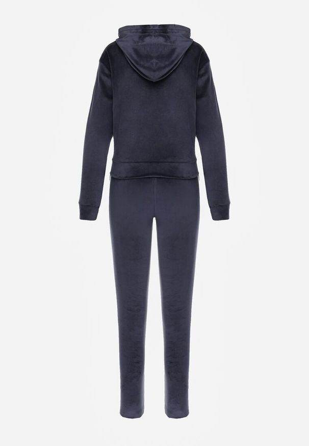 Renee - Granatowy 2-Częściowy Komplet Dresowy z Weluru z Ozdobnymi Lampasami Bluza i Spodnie Anelpe. Kolor: niebieski. Materiał: welur, dresówka