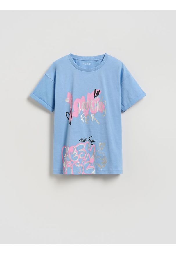Reserved - T-shirt z nadrukiem - niebieski. Kolor: niebieski. Materiał: bawełna. Wzór: nadruk