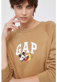 GAP bluza x Disney damska kolor brązowy z nadrukiem. Kolor: brązowy. Materiał: dzianina. Długość rękawa: raglanowy rękaw. Wzór: nadruk, motyw z bajki #5