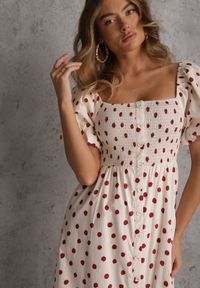 Renee - Beżowa Rozkloszowana Sukienka w Kropki z Bawełny z Bufiastymi Rękawami Aninele. Kolor: beżowy. Materiał: bawełna. Wzór: kropki. Sezon: lato #3