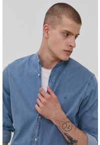 Premium by Jack&Jones Koszula męska slim ze stójką. Typ kołnierza: kołnierzyk stójkowy. Kolor: niebieski. Materiał: tkanina, bawełna. Długość rękawa: długi rękaw. Długość: długie. Wzór: gładki #1