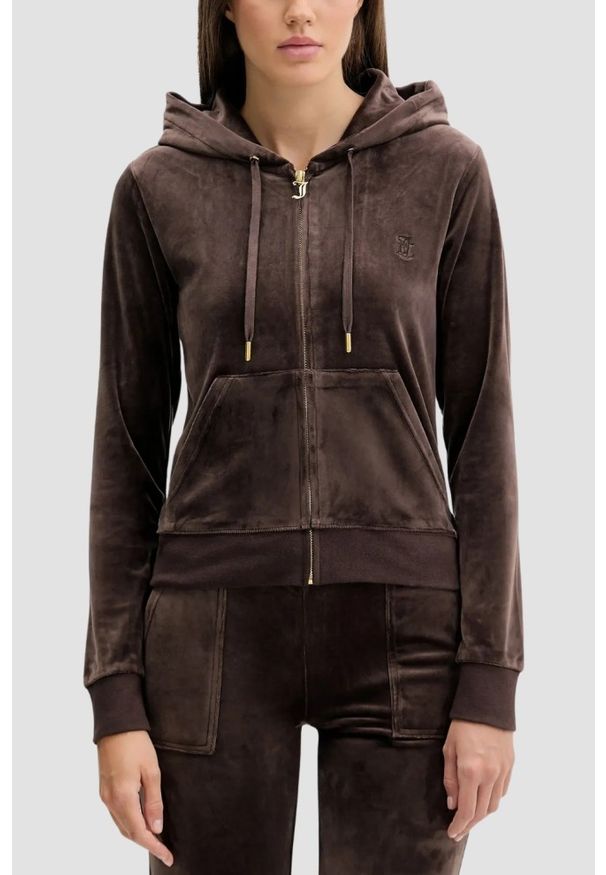 Juicy Couture - JUICY COUTURE Czekoladowa bluza damska Robertson Hoodie, Rozmiar L. Okazja: na co dzień. Kolor: brązowy. Materiał: materiał. Styl: klasyczny, casual