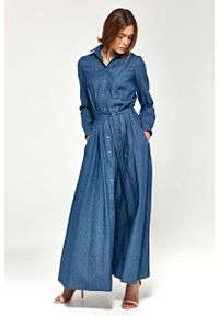 Nife - Jeansowa Koszulowa Sukienka Maxi z Długim Rękawem. Materiał: jeans. Długość rękawa: długi rękaw. Typ sukienki: koszulowe. Długość: maxi