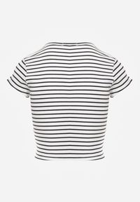 Renee - Biały Crop Top Bawełny z Prążkowanej Dzianiny w Paski Ozdobiony Wycięciem Ionilla. Okazja: na co dzień. Kolor: biały. Materiał: bawełna, prążkowany, dzianina. Wzór: aplikacja, paski. Styl: casual #3