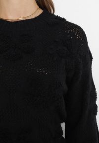 Born2be - Czarny Sweter z Wełną i Bawełną Ozdobiony Pluszowym Splotem Karada. Kolor: czarny. Materiał: bawełna, wełna. Wzór: ze splotem, aplikacja. Sezon: zima #2