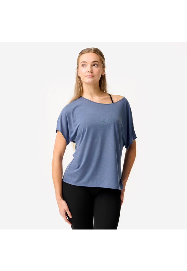 DOMYOS - Koszulka z krótkim rękawem do tańca nowoczesnego damska Domyos. Kolor: niebieski. Materiał: poliester, lyocell, materiał. Długość rękawa: krótki rękaw. Długość: krótkie. Sport: taniec