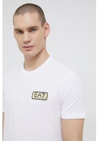 EA7 Emporio Armani T-shirt bawełniany kolor biały z aplikacją. Okazja: na co dzień. Kolor: biały. Materiał: bawełna. Wzór: aplikacja. Styl: casual