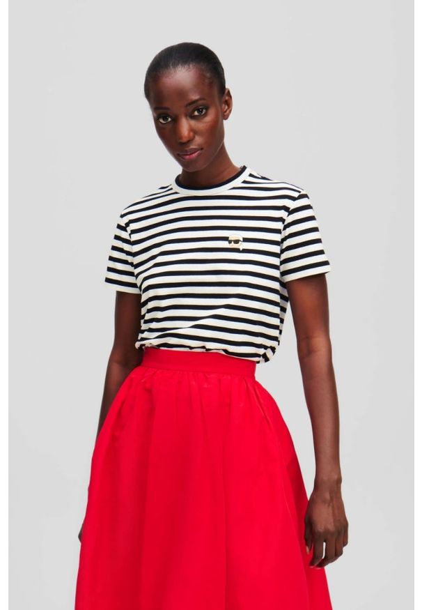 Karl Lagerfeld - KARL LAGERFELD Czarno-biały t-shirt damski Ikon Stripe Boxy. Kolor: czarny. Materiał: materiał. Wzór: paski, haft. Styl: klasyczny