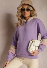 Renee - Jasnofioletowa Bawełniana Bluza z Kapturem i Wstawkami z Polaru Qilin. Typ kołnierza: kaptur. Kolor: fioletowy. Materiał: polar, bawełna. Wzór: aplikacja #3