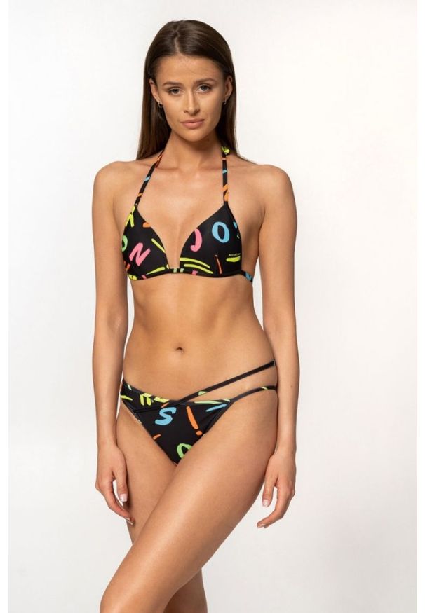 MOSCHINO Czarna góra od bikini w neonowe litery, Rozmiar M. Kolor: czarny. Wzór: aplikacja