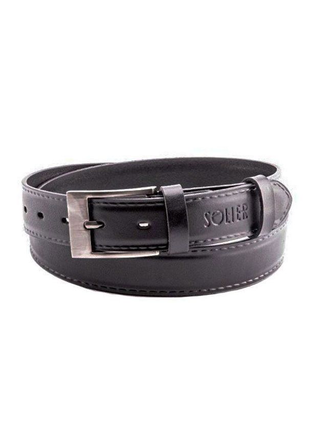 Solier - Skórzany elegancki pasek męski SOLIER SB09 czarny 90 cm. Kolor: czarny. Materiał: skóra. Wzór: paski, aplikacja. Styl: elegancki