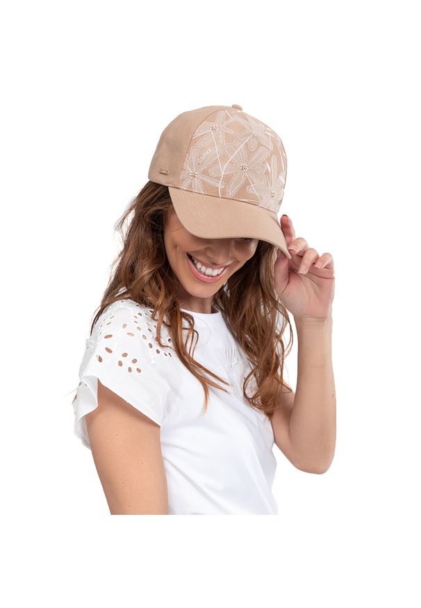 Beżowa Stylowa Damska Czapka Z Daszkiem Anekke. Kolor: beżowy. Materiał: tkanina. Wzór: kwiaty, haft. Sezon: lato. Styl: elegancki