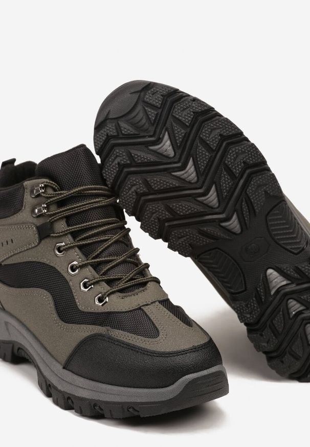 Born2be - Czarno-Zielone Buty Trekkingowe Trapery Vices z Geometrycznym Wzorem Anerisse. Okazja: na co dzień. Kolor: czarny. Materiał: jeans. Wzór: geometria. Styl: casual
