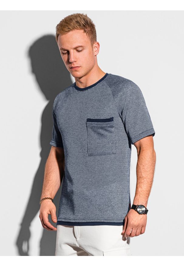 Ombre Clothing - T-shirt męski bez nadruku S1460 - granatowy - XXL. Kolor: niebieski. Materiał: bawełna, dzianina, jeans, poliester. Długość rękawa: raglanowy rękaw