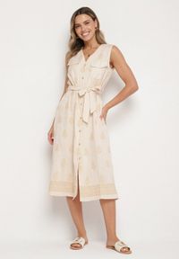 Born2be - Beżowa Wiskozowa Sukienka Koszulowa w Hafty z Paskiem Araverra. Okazja: na co dzień. Kolor: beżowy. Materiał: wiskoza. Wzór: haft. Sezon: wiosna, lato. Typ sukienki: koszulowe. Styl: klasyczny, casual, elegancki #1