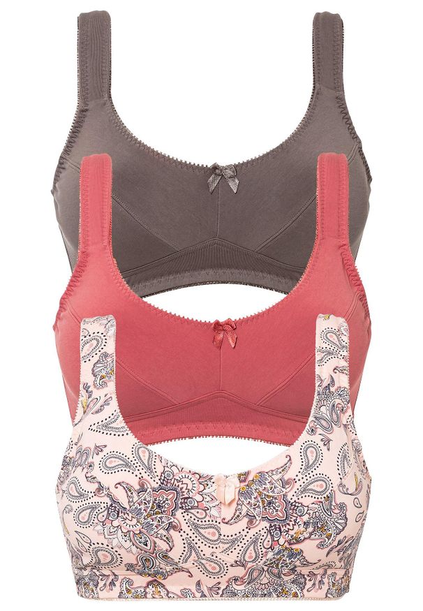 bonprix - Biustonosz bez fiszbinów (3 szt.), bawełna organiczna. Kolor: różowy. Materiał: bawełna. Wzór: nadruk, paisley