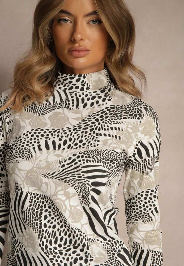 Renee - Jasnoszara Bluzka Longsleeve z Bawełny z Półgolfem i Panterkowym Printem Unalla. Kolor: szary. Materiał: bawełna. Długość rękawa: długi rękaw. Wzór: nadruk