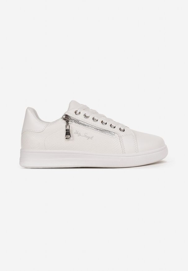 Born2be - Biało-Srebrne Sneakersy z Imitacją Skóry Węża Prarese. Okazja: na co dzień. Kolor: biały. Materiał: skóra