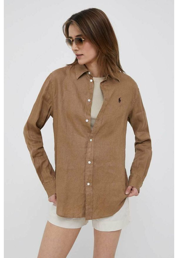 Polo Ralph Lauren koszula lniana kolor zielony regular z kołnierzykiem klasycznym. Okazja: na co dzień. Typ kołnierza: kołnierzyk klasyczny, polo. Kolor: brązowy. Materiał: len. Wzór: gładki, aplikacja. Styl: klasyczny