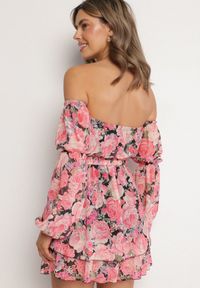 Born2be - Czarna Wiskozowa Sukienka Hiszpanka z Falbanami i Paskiem w Kwiaty Virmoi. Okazja: na co dzień, na spacer. Typ kołnierza: dekolt hiszpanka. Kolor: czarny. Materiał: wiskoza. Wzór: kwiaty. Typ sukienki: proste. Styl: casual #2